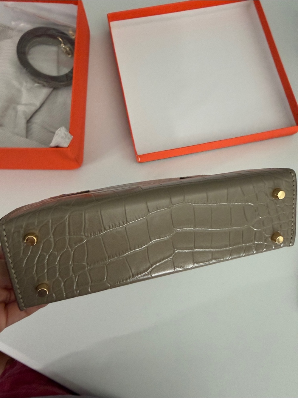 Taupe Croc-Embossed Top Handle Bag with Gold Hardware - Picture 3 of 12